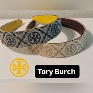 Tory Burch Blue & Tan Logo  Patterned Headbands NWT